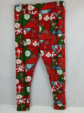 New LuLaRoe Tall & Curvy 2 Leggings Red & Green With Santa Clause & Reindeer